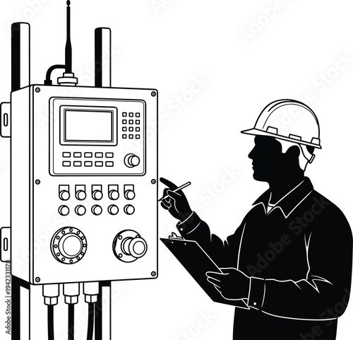Industrial engineer technician operating electrical control panel and monitoring machine system with clipboard inspection checklist manufacturing automation maintenance silhouette vector illustration