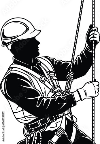Industrial rope access worker wearing safety harness and helmet climbing rope, construction safety technician illustration, professional height work equipment concept vector