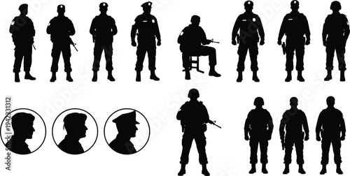 Military soldier silhouette collection set including armed soldiers standing and sitting with rifles army personnel black vector illustration isolated