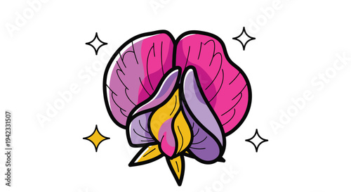 Vibrant Sweet Pea Flower Illustration with Sparkling Accents.