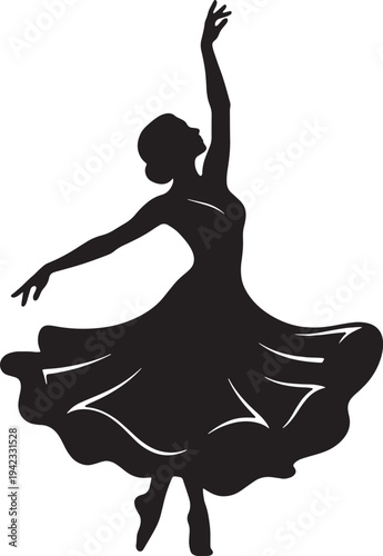 Silhouette of an elegant ballet dancer performing in a wide flowing dress. A graceful ballerina dancing in a flowing skirt.