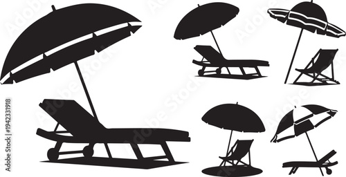 Black Silhouettes of Beach Chairs and Umbrellas on White