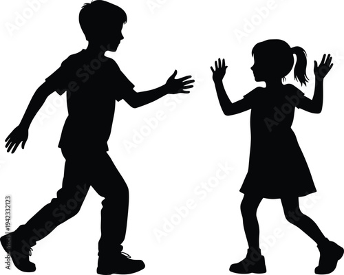 Silhouette of Two Children Playing and Interacting, Boy and Girl Facing Each Other, Black Isolated Figures on White Background Representing Childhood Fun and Friendship Concept
