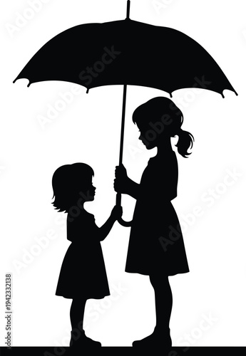 Silhouette of two little girls sharing umbrella in rain, sibling love and protection concept, childhood friendship, caring sister helping younger child, black and white illustration