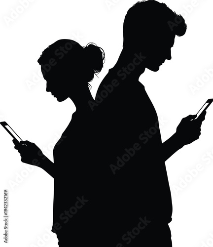 Silhouette of young couple standing back to back using smartphones isolated on white background, modern communication, social media addiction and digital relationship concept