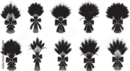 Collection of black bouquets with decorative bows and ribbons