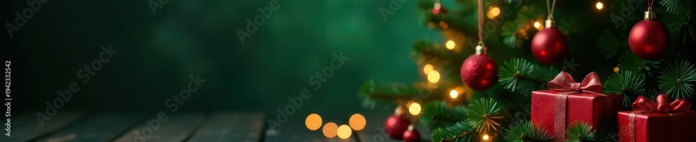 Fototapeta premium Festive Christmas tree with presents, bokeh lights, dark green background, backdrop, element, texture