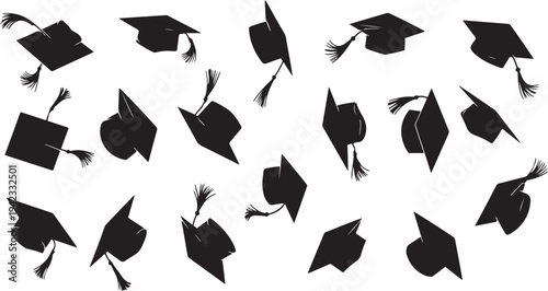 Graduation caps and tassels in celebratory motion falling down