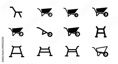 Collection of twelve assorted wheelbarrow and equipment icons in a grid layout