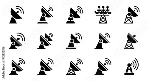 Collection of Satellite Dish and Communication Tower Icons for Technology and Networking Concepts