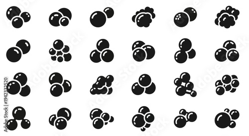 Collection of Bubbles and Molecules Icons on a White Background, Representing Chemistry, Science, and Biology