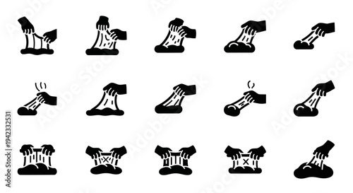 Collection of Black and White Icons Illustrating Hands Stretching and Manipulating Play-Doh or Slime