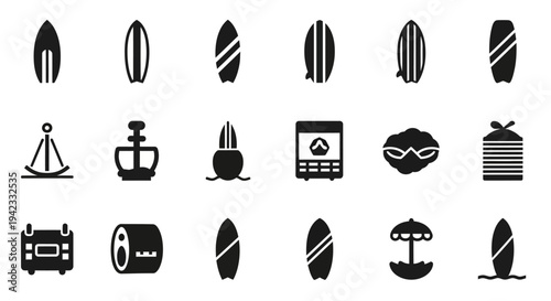 Collection of surfboards and beach accessories for summer vacation