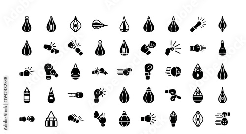 Collection of Boxing and Fitness Icons Punching Bags, Gloves, and Lights
