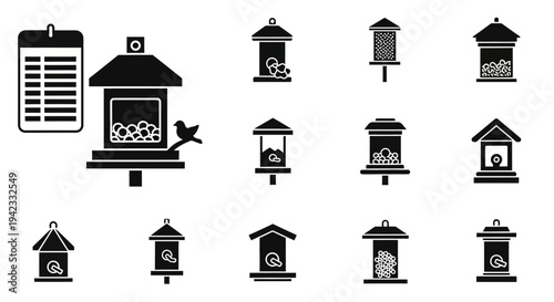 A collection of black and white silhouette icons featuring various bird feeders and a feeding schedule