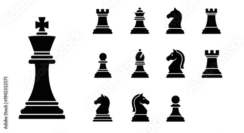Set of black chess pieces on a white background, illustration of strategy and competition