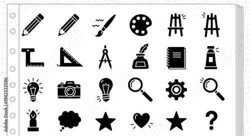 Set of artistic and creative icons representing drawing tools, painting supplies, and creative inspiration elements for design and education