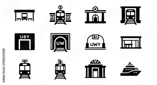 Collection of transportation icons including trains, subway stations, and a cruise ship, depicting various modes of travel and infrastructure