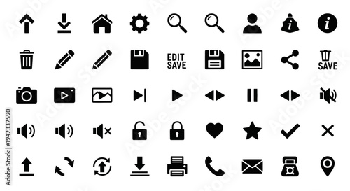 A comprehensive collection of modern black and white vector icons for user interfaces, websites, and applications, representing various actions, objects, and symbols