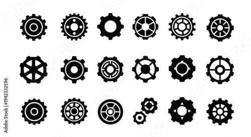 Collection of various gear icons representing industry, mechanics, and engineering concepts