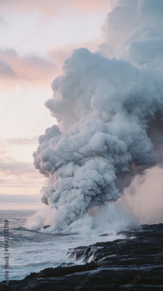Fototapeta premium meson. Lava meeting ocean, forming black volcanic rock with rising steam at sunset. inspiring travel planning, travel magazines, designed for travel destination branding, used by nutritionists. 