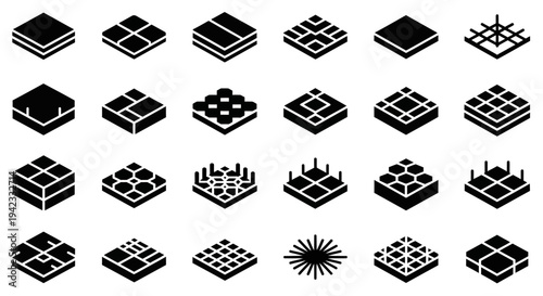 Set of isometric 3D floor and surface patterns in black and white, abstract geometric designs