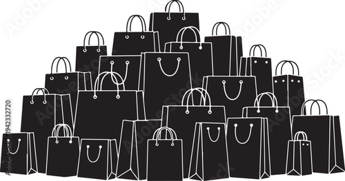 Collection of black shopping bags in various sizes stacked