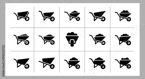 Collection of stylized wheelbarrow icons, representing construction and gardening tools, presented in a grid layout