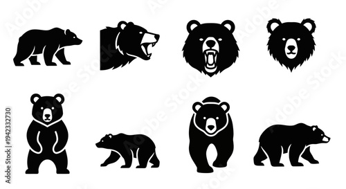 Collection of stylized black bear icons depicting various poses and headshots for design and branding purposes