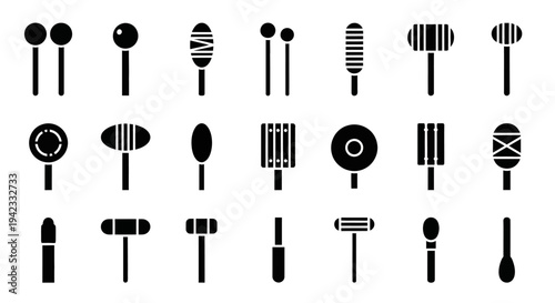 Collection of stylized icons representing various drumming mallets, drumsticks, and beaters for percussion instruments