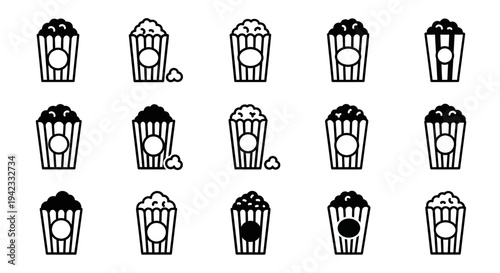 Collection of popcorn icons, perfect for cinema, movie nights, and snack-related designs