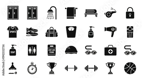 Collection of icons representing sports, fitness, and gym activities, including equipment, apparel, and facilities