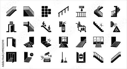 Collection of Various Icons Representing Stairs, Doors, Elevators, and Safety Equipment