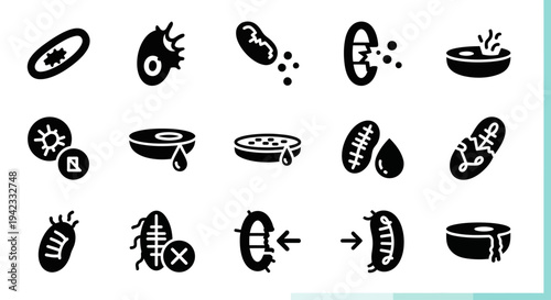 Set of medical icons depicting biological samples, microorganisms, and scientific research tools, for health and laboratory applications