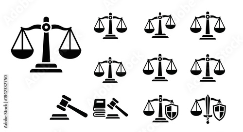 Collection of balance scales, gavel, books, and shield icons symbolizing justice, law, and legal decisions