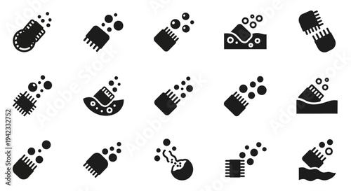 Collection of abstract black and white icons representing cleaning tools, soap bubbles, and scrubbing actions