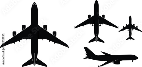 Airplane silhouette set in top and side views, commercial passenger aircraft black vector illustration isolated on white background, aviation transportation design collection