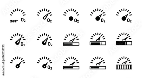Collection of Oxygen Level Gauges and Indicators, Empty to Full Bars and Readings