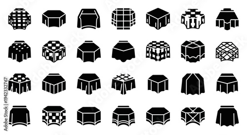 Collection of 30 Black and White Geometric Tablecloth Icons Representing Various Patterns and Designs