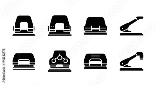 Collection of office and craft hole puncher icons, showcasing various designs and mechanisms for paper punching