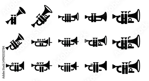 A collection of black trumpet silhouette icons, showcasing various angles and styles of the brass instrument