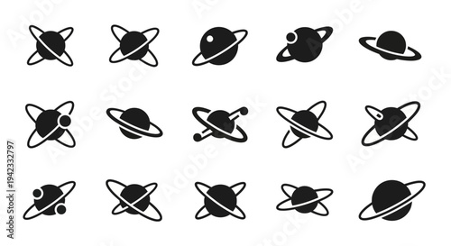 Collection of Stylized Planet Icons with Rings and Moons, Vector Graphics for Cosmic and Astronomical Themes