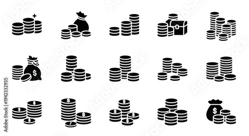 Collection of Money and Coin Icons Symbols of Wealth, Finance, and Savings for Your Projects