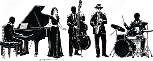 Black and white silhouettes of jazz band featuring female singer, pianist, double bass player, saxophonist, and drummer isolated on white background flat vector