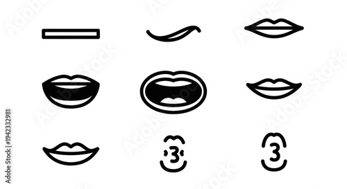 Collection of Diverse Mouth and Lip Iconography Representing Various Expressions and Utterances
