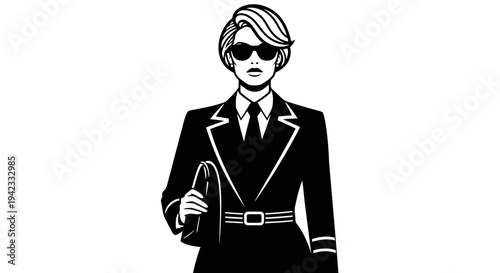 A stylish woman in sunglasses holding a bottle, dressed in a suit.