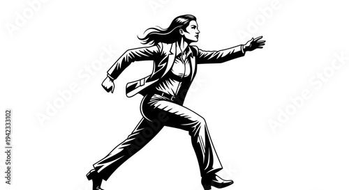 A determined woman in business attire running forward with purpose and energy.