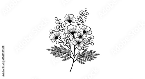 A simple black and white drawing of a flowering plant with detailed leaves and blooms.