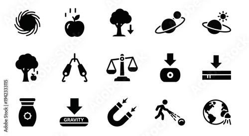 Set of icons related to gravity, physics, and science concepts, including planets, apples, magnets, and scales