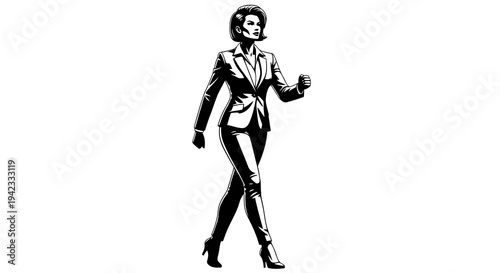 A black and white image of a man walking and gesturing with his hand.